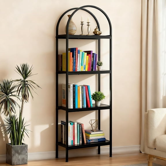 Memoryfield 4 Tier Arched Bookshelf, Industrial Open Back Bookcase, Modern Freestanding Display Shelving Unit Storage Rack with Metal Frame for Bedroom Living Room, Black