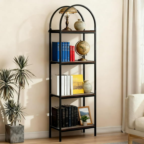 4 Tier Arched Bookshelf, Industrial Open Back Bookcase, Modern Freestanding Display Shelving Unit Storage Rack with Metal Frame for Bedroom Living Room, Brown
