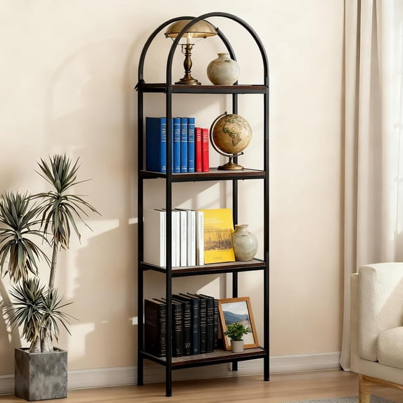 Memoryfield 4 Tier Arched Bookshelf, Industrial Open Back Bookcase, Modern Freestanding Display Shelving Unit Storage Rack with Metal Frame for Bedroom Living Room, Brown