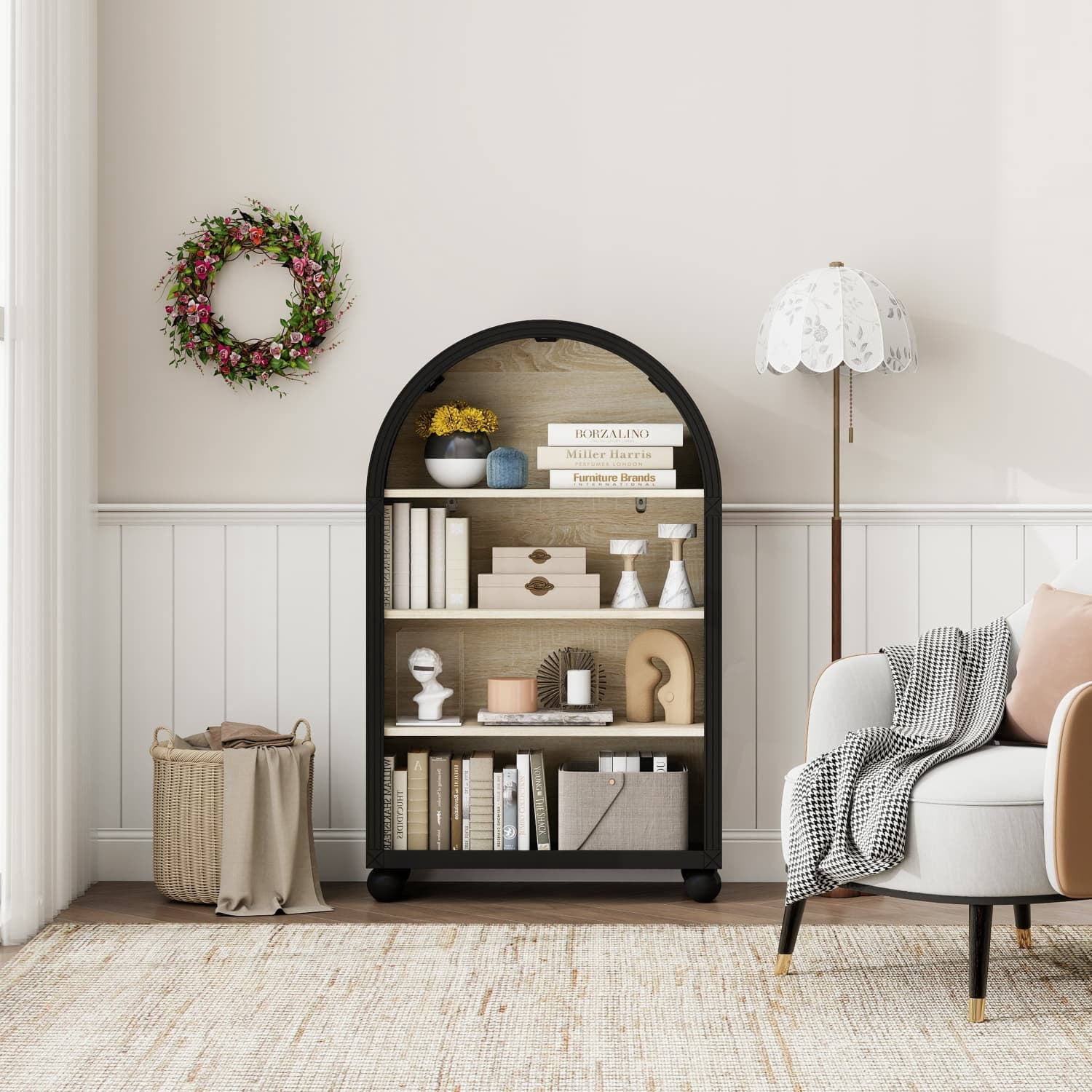 4-Tier Arched Storage Cabinet with Carved Edge Design, MDF Construction with Black Metal Frame, Hand-Painted Finish, Multi-Functional Display Shelf for Living Room Study