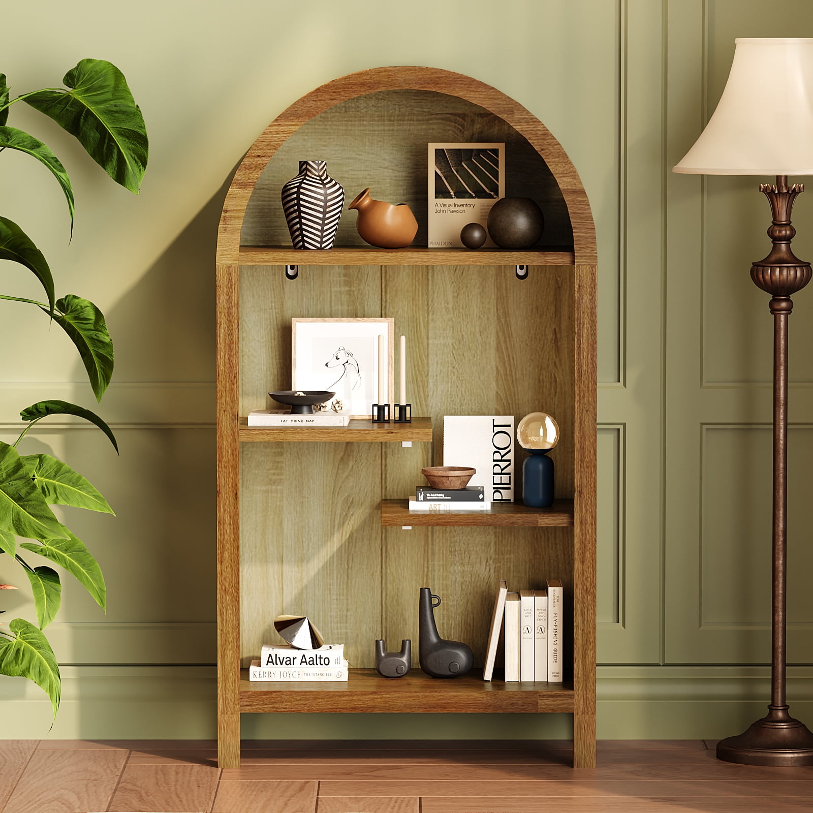 4-Tier Arched Top Freestanding Storage Shelf, Asymmetrical Wood Display Cabinet with Laser-Cut Lattice Doors, Accent Storage Furniture for Entryway Living Room Bedroom Hallway