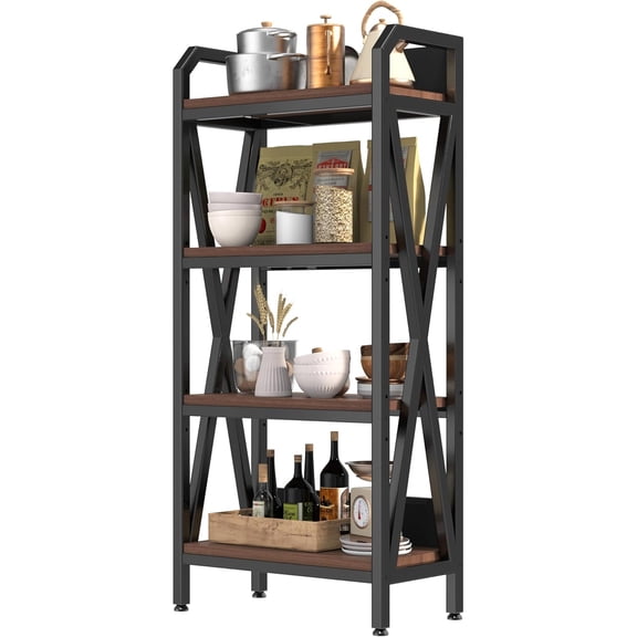 4-Tier Bakers Rack with Adjustable Shelves, 25.6" Width Microwave Stand, Metal & Wood Storage Organizer for Kitchen, Pantry, Garage, Bathroo