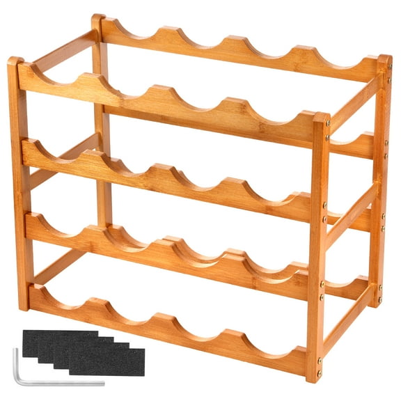 4 Tier Bamboo Counter Wine Display Shelf Compact Strong Load Bearing Bottle Wine Storage Rack for Bar Kitchen Pantry Dining Room