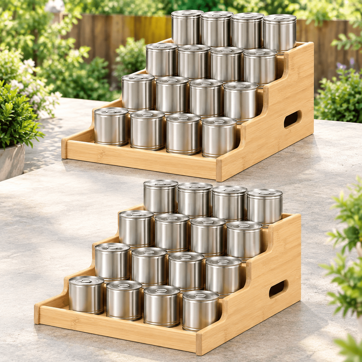 4-Tier Bamboo Expandable Can Rack Organizer for Pantry 32 Cans ...