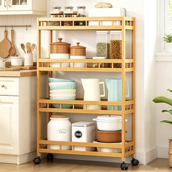 4-Tier Bamboo Kitchen Rolling Cart, Removable Bamboo Trolley Island Cart, Utility Multi-Layer Storage Shelf Rack on Wheels (23.6" L X 7.1" W X 37.8" H)