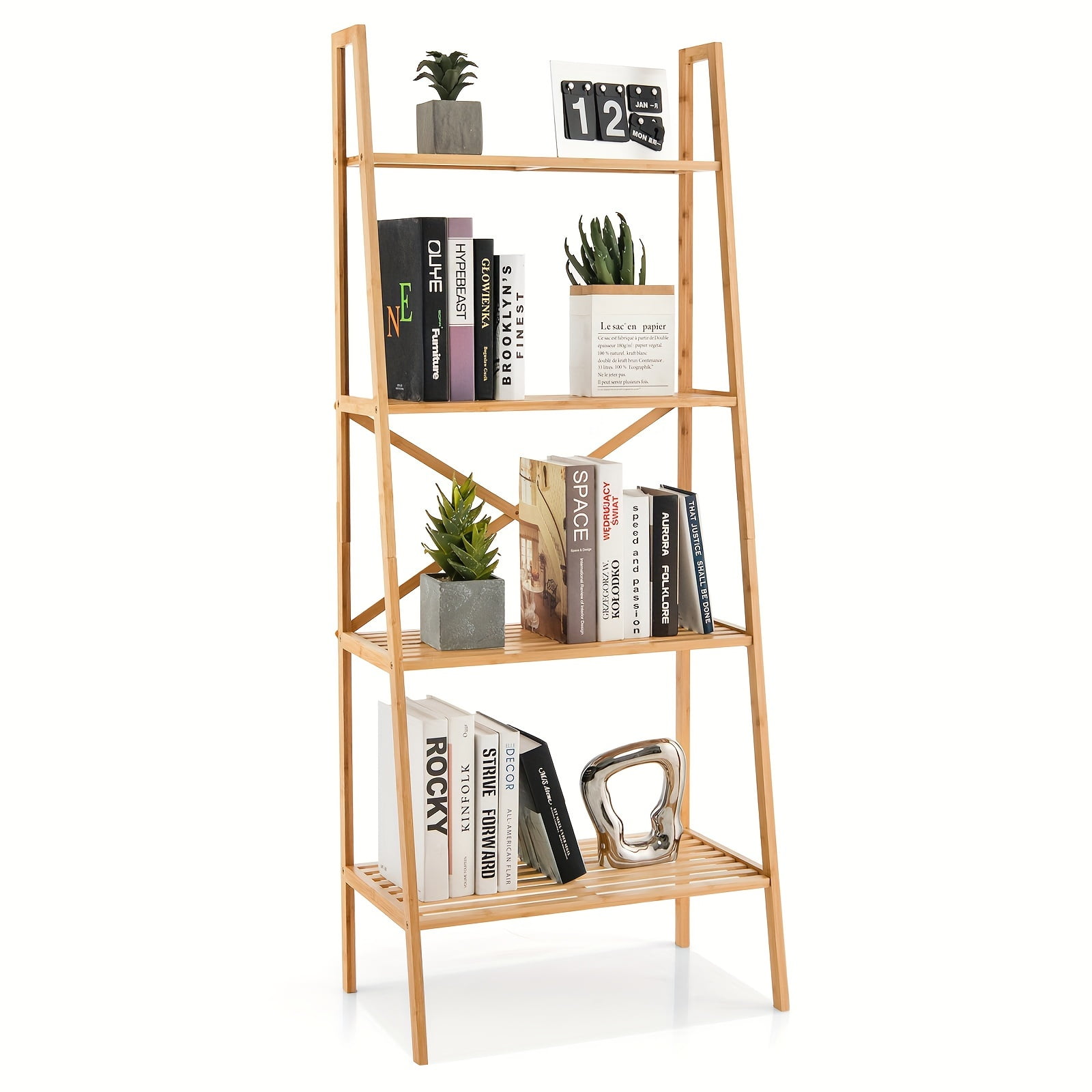 Natural Bamboo 4-Tier Ladder Bookshelf and Plant Stand