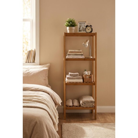 4-Tier Bamboo Shelf Narrow Bathroom Shelf Slatted Shelves Natural Wood Plant Stand Standing Towel Rack Corner Rack Bathroom Entryway Bedroom Kitchen Sunroom