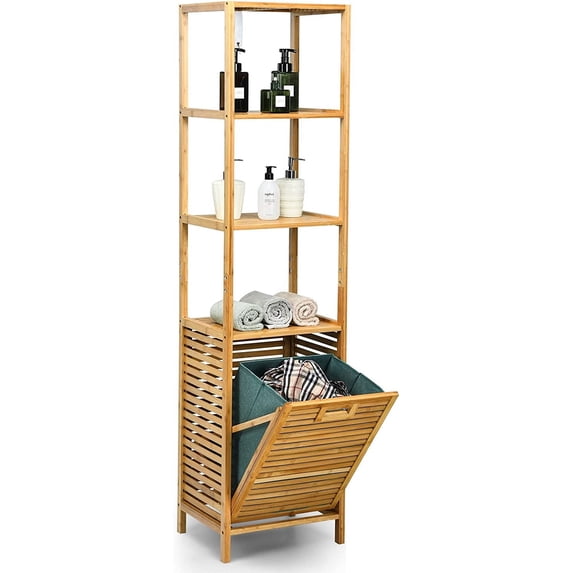4 Tier Bamboo Shelves with Tilt Out Laundry Hamper, Freestanding ...