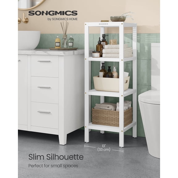 SONGMICS Bamboo Storage Shelf, 4-Tier Shelving Unit, Multifunctional, in The Entryway, Bathroom, Living Room, Balcony, Kitchen, 13 x 13 x 38.6 Inches, Cloud White