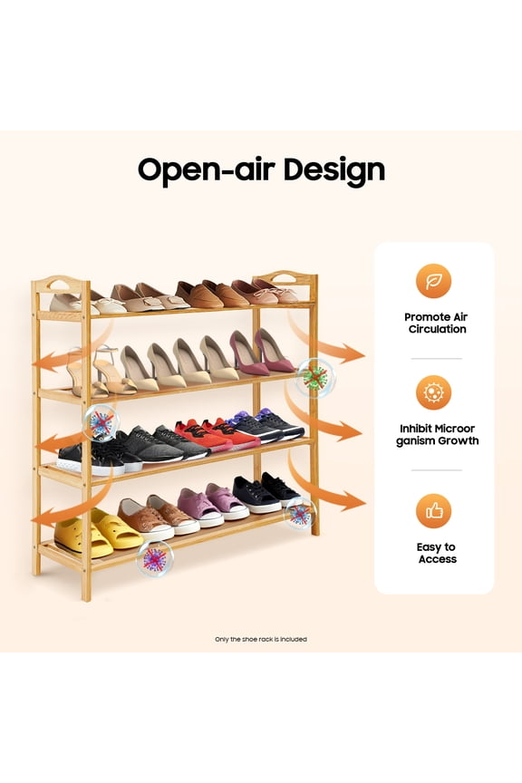4-Tier Bamboo Shoe Rack, 60cm Length Flat Panel Storage Organizer, Open Air Design Freestanding Footwear Shelf for Entryway, Closet and Hallway to Arrange Sneakers, Sandals and Daily Footwear