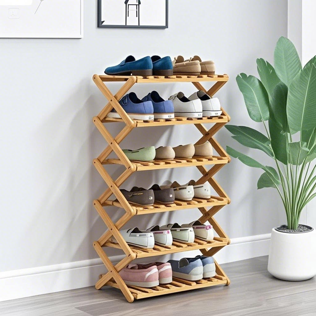 5-Tier Bamboo Shoe Rack - Foldable Space Saving Organizer For Entryway Closet