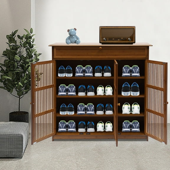 4-Tier Bamboo Shoe Storage Cabinet – Modern Shoe Rack with Shutter Doors & Drawer, Holds 25 Pairs, Space-Saving Entryway Organizer