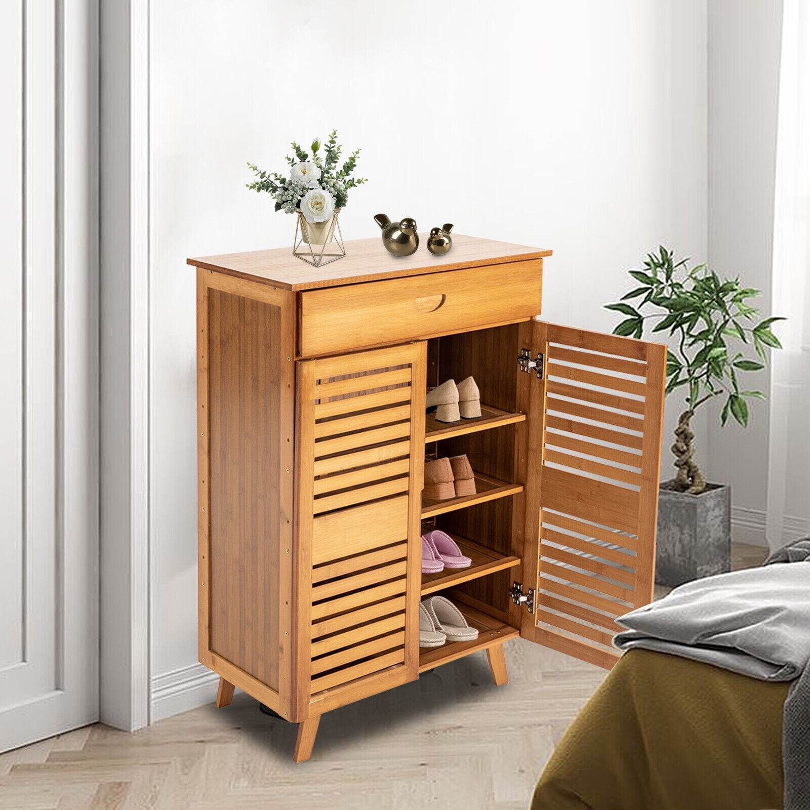 4 Tier Bamboo Shoe Storage Cabinet Shoe Organizer Shoe Rack with Door Drawer