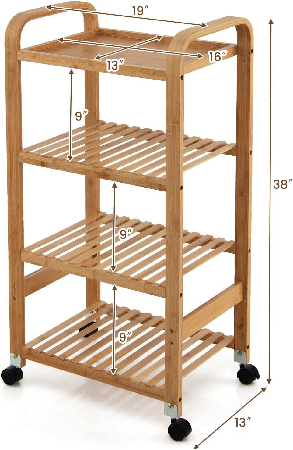 4Tier Bamboo Storage Cart, Rolling Utility Cart, Storage Rack on