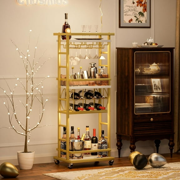 4 Tier Bar Cart with Wheels, Home Bar Serving Cart, Rolling Mini Wine Cart with Wine Rack and Glass Holder, Drink Cart for Dining Room, Living Room, Kitchen, Bar and Outdoor, Gold