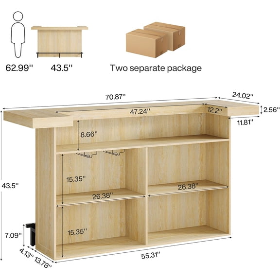 4-Tier Bar Table, 70.9-Inch Large Wooden Home Bar Unit with Wine Glass Holder and Black Footrest, Pub Table with Storage Shelves for Home, , Basement, Oak