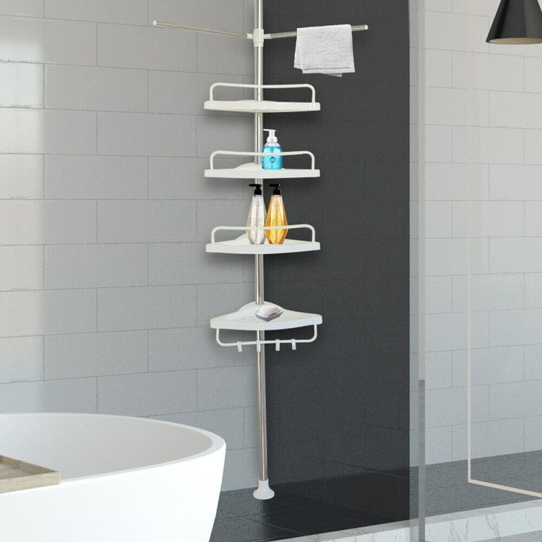 Hamitor Corner Shower Caddy Tension Pole: Adjustable Stainless Steel Shower Organizer with 4 Tier Shelf for Bathroom Bathtub Tub Shampoo - Floor