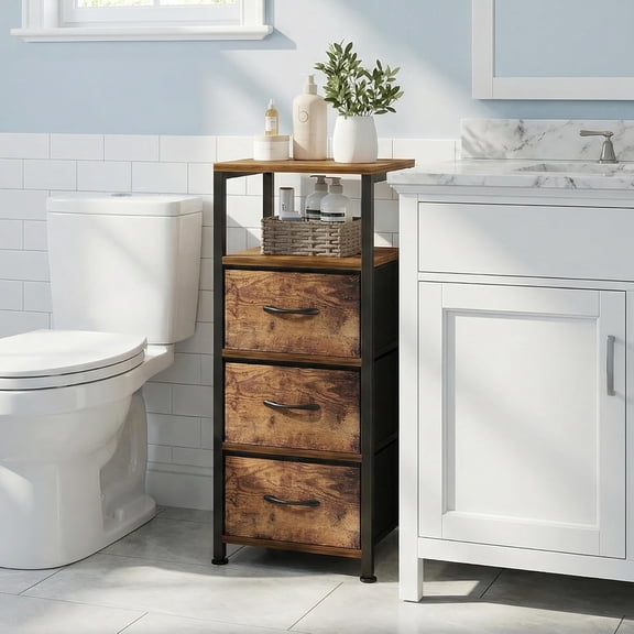4-Tier Bathroom Floor Cabinet - Rustic Brown Corner Storage Organizer with Fabric Drawers for Home