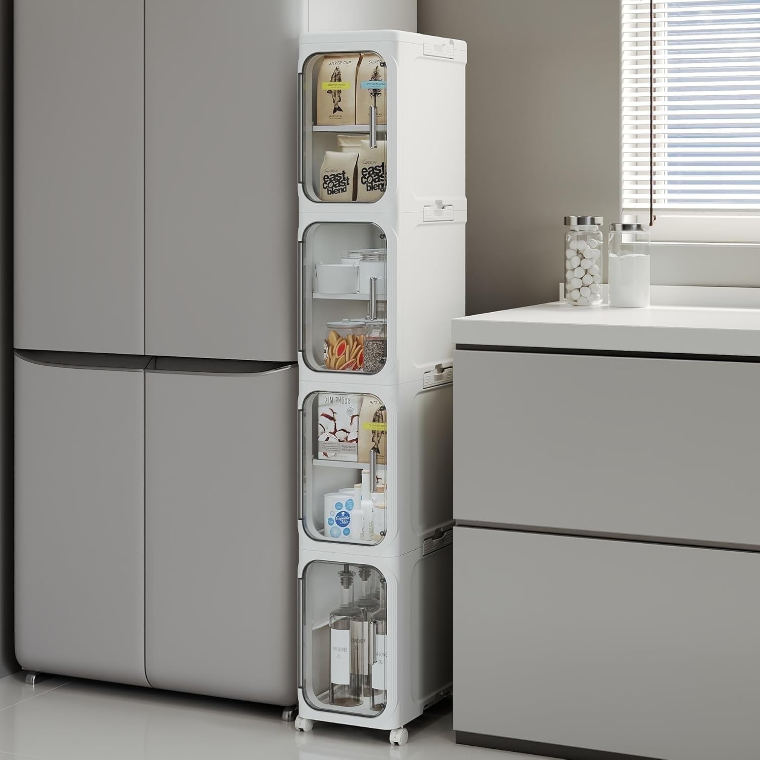 4-Tier Bathroom Storage Cabinet with Wheels, Adjustable Shelves, Magnetic Doors, Plastic Slim Bathroom Organizers and Storage for Small Spaces, Kitchen, Laundry Room, White