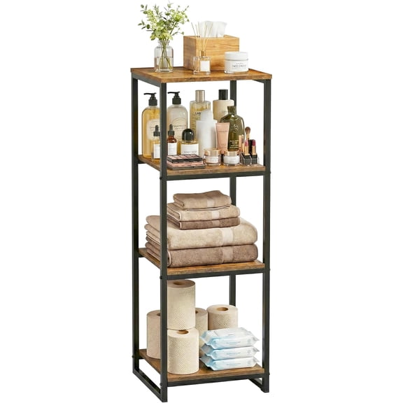 4-Tier Bathroom Shelving Unit, 33.7" H Narrow Open Floor Shelves, Metal Corner Slim Storage Rack for Bathroom Laundry Room Kitchen Living Room, Rustic Brown