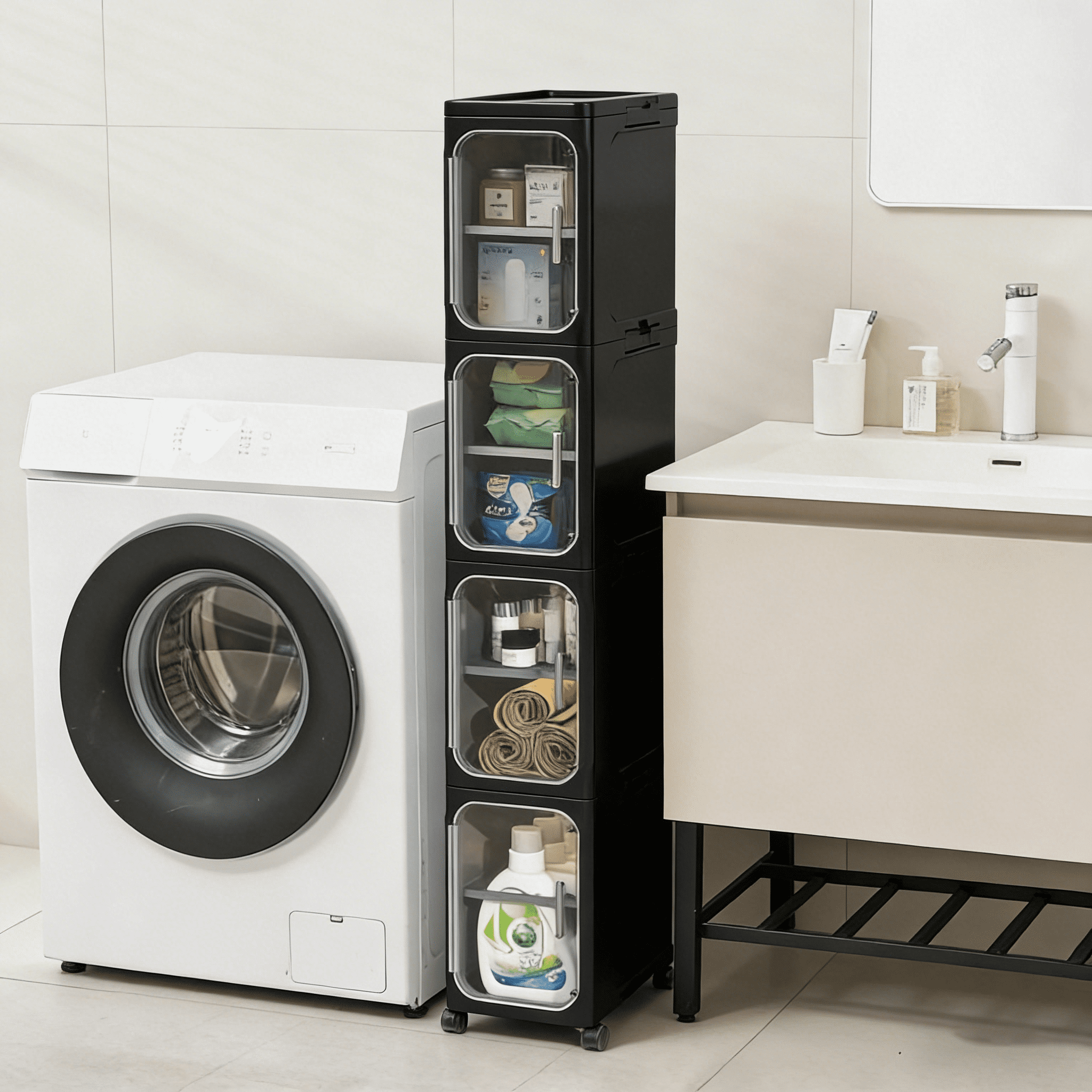 4-Tier Bathroom Storage Cabinet with Wheels, Magnetic Doors, Plastic Slim Bathroom Organizers and Storage for Small Spaces, Kitchen,Black