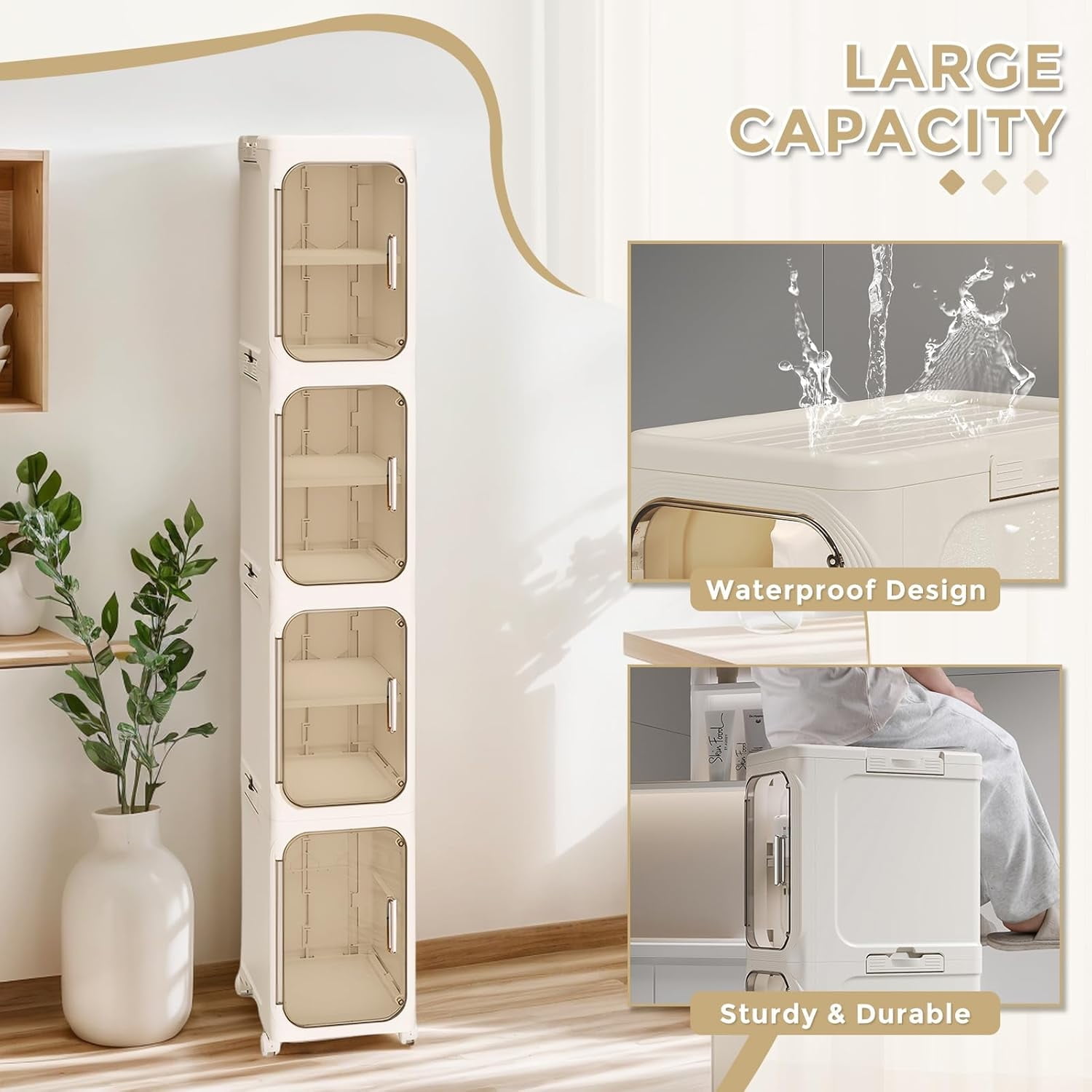 4-Tier Bathroom Storage Cabinet with Wheels, Magnetic Doors, Plastic Slim Bathroom Organizers and Storage for Small Spaces, Kitchen, Cream White