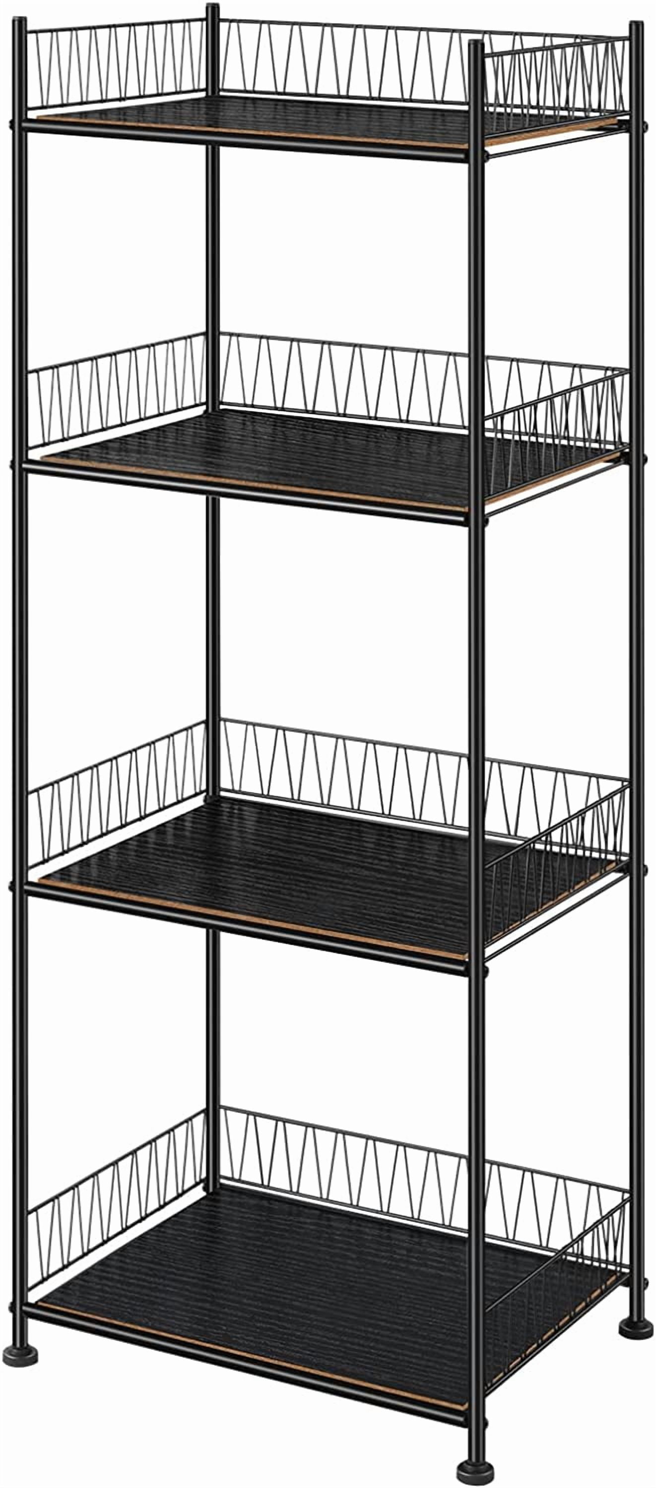 4 Tier Bathroom Storage Rack Metal Shelving Unit Organizer with Wood Shelves, Black