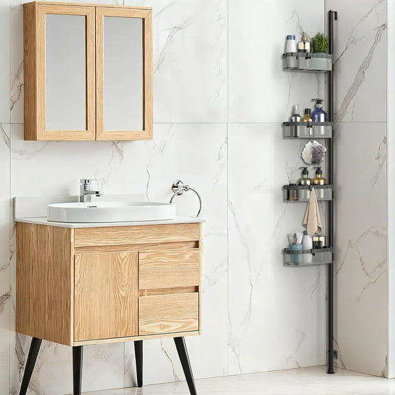 4-Tier Bathroom Tension Pole Shelf, 74.1in Adjustable Ceiling to Floor Storage Organizer for Shower Toiletries, Shampoo, Bath Essentials, Drill-Free Corner Shelf