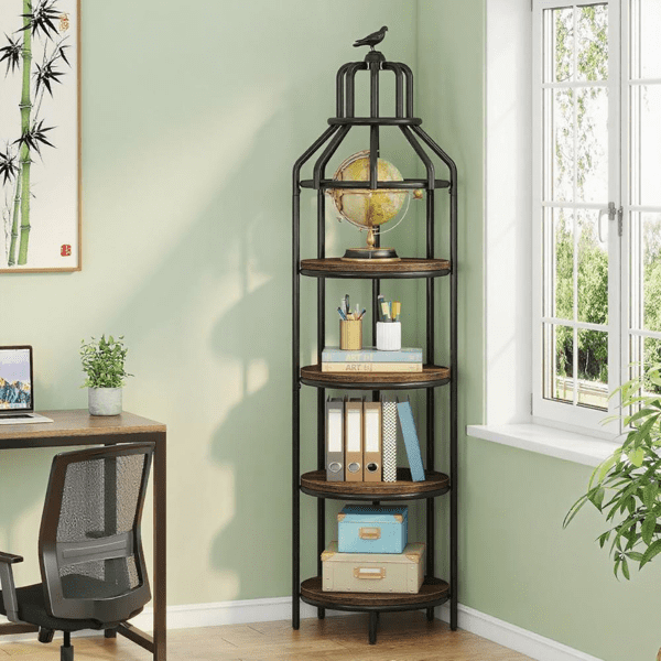 4-Tier Birdcage-Shaped Corner Bookshelf, Vintage Wood Grain & Black Metal Frame, 25lbs/Shelf, Multi-Functional for Living Room/Bedroom/Balcony