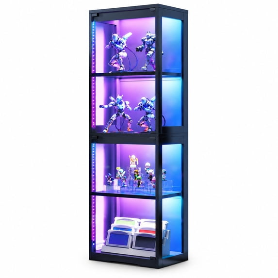 4-Tier Black Glass Display Cabinet with RGB Lights and Glass Doors ...