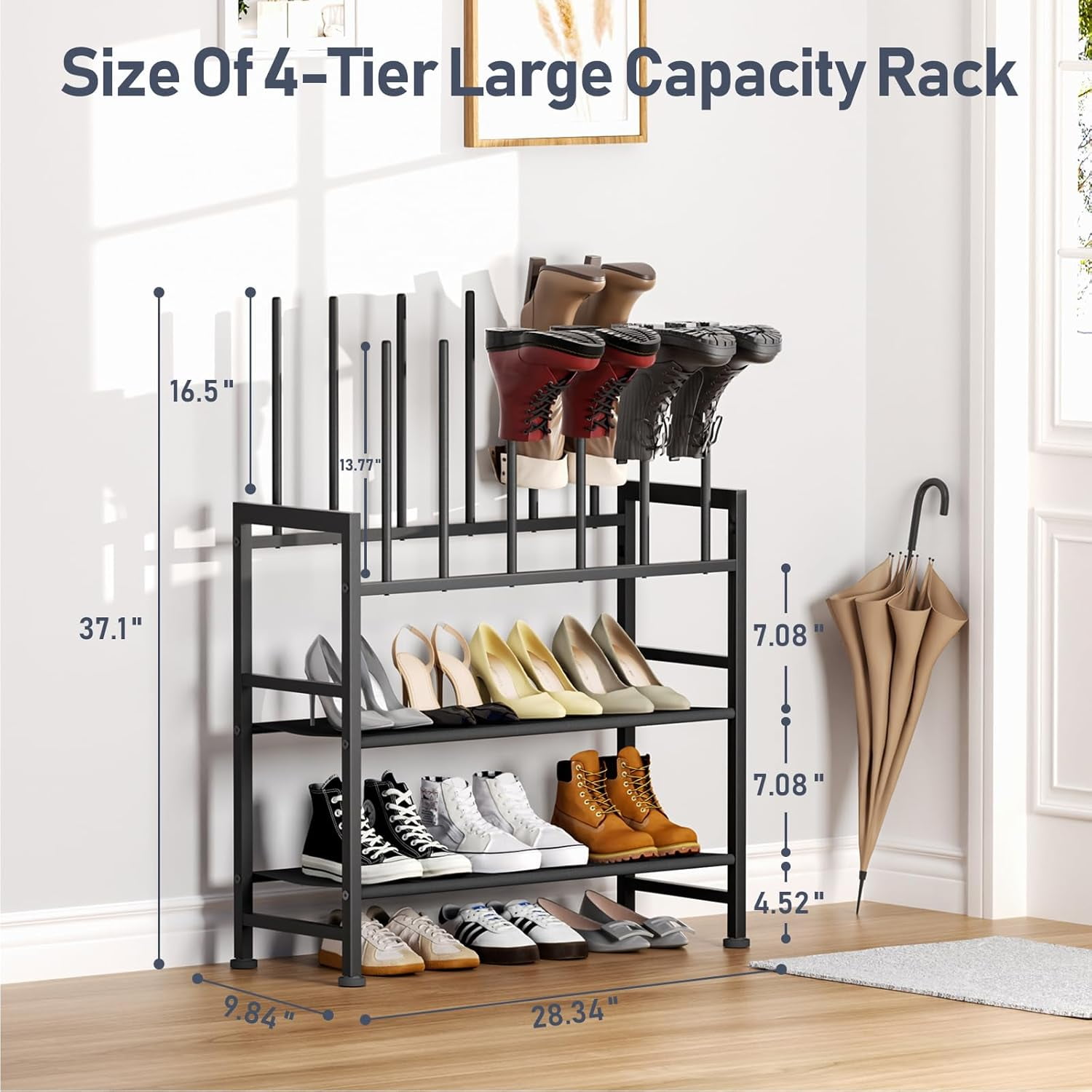 4-Tier Black Metal Boot Storage Rack - 6 Pairs Tall Boots, Sneakers ...