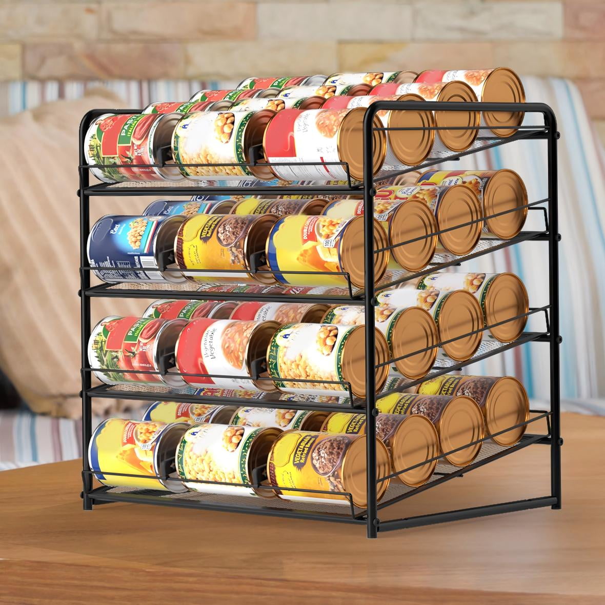 OYEAL 4 Tier Black Metal Can Goods Organizer for Pantry, Hold up to 48 Cans, with Sliding Dividers