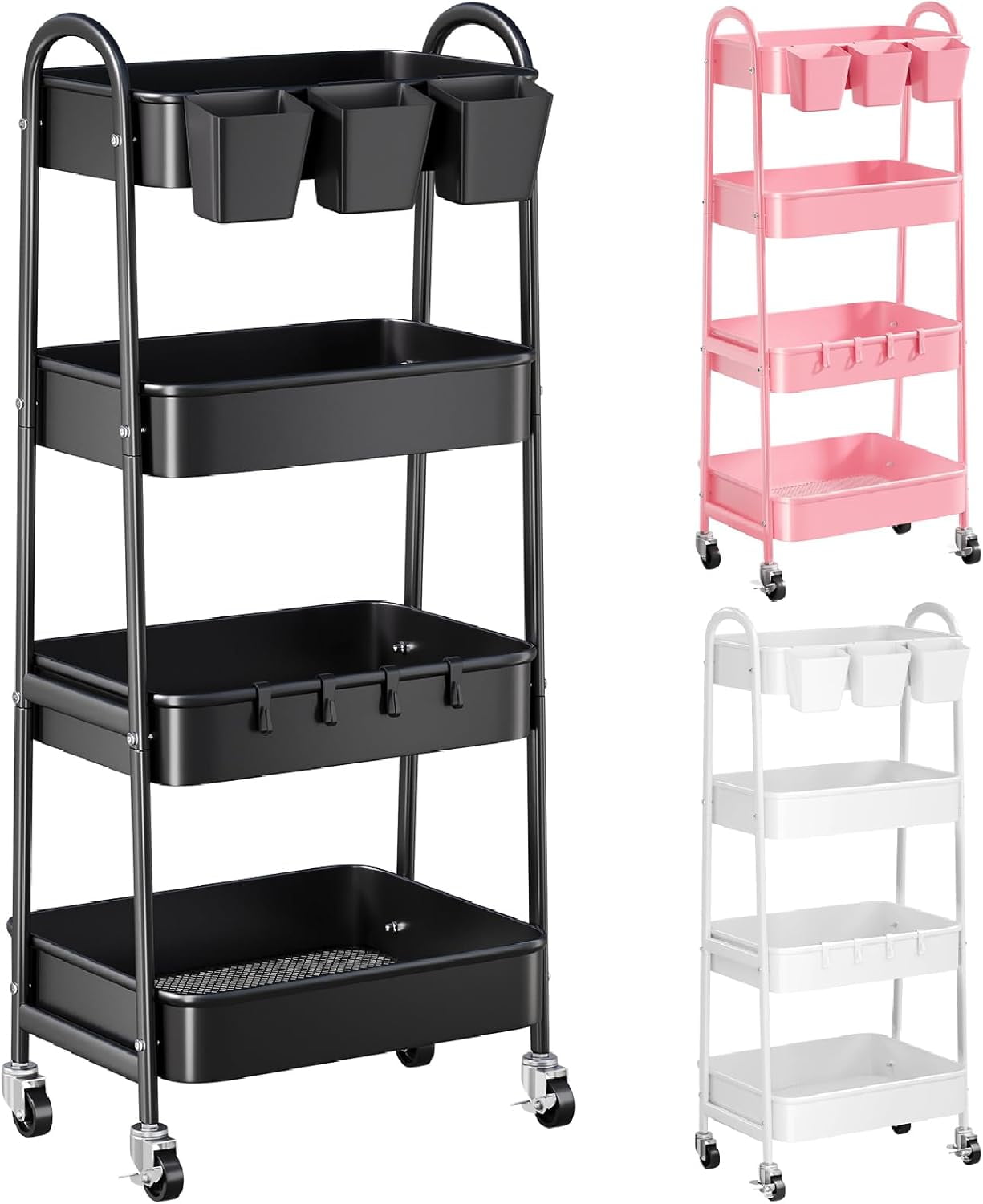 4 Tier Black Metal Rolling Cart with Lockable Wheels and Cups, Four ...