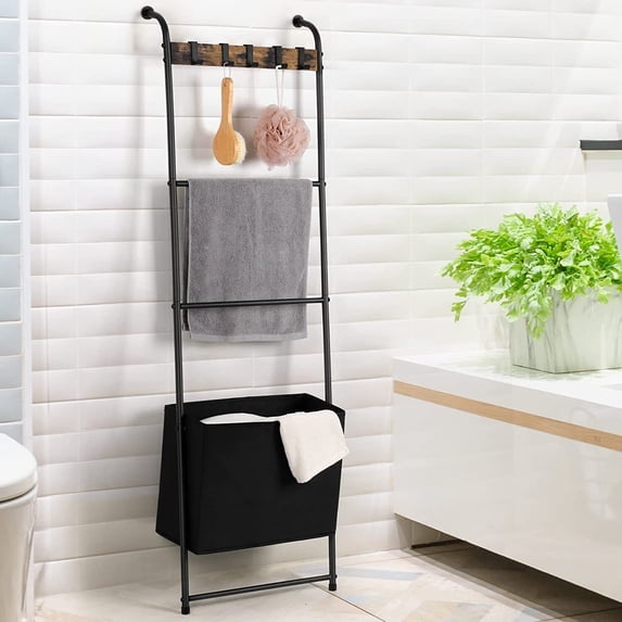 4 Tier Blanket Ladder Shelf with Storage Basket Wall-Leaning Blanket Holder Rack