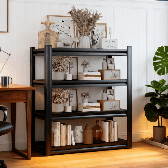 4 Tier Book Shelf, Adjustable Metal Bookshelf, Storage Shelves Industrial Bookcase, Bedroom Organization and Storage Rack Display Shelves for Living Room Home Office, 24"W*12"D*44"H