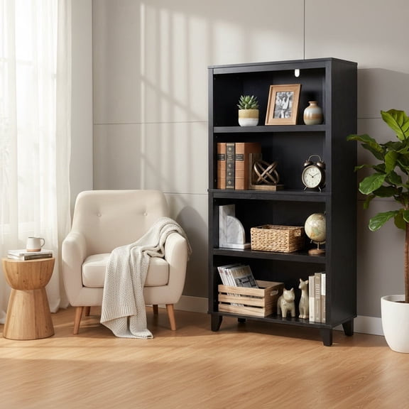 4-Tier Bookcase with Adjustable Shelves,27.56"W x 11.83"D x 52.2"H Floor Standing Open Bookshelf with Wood Legs for Home Office, Living Room, and Bedroom Storage,Black