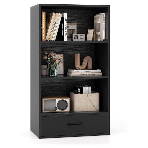 4-Tier Bookcase with Drawer, Wooden Cube Storage Organizer, Modern Display Shelf, Small Bookshelf for Small Spaces, 42.5" Tall Book Shelf for Classroom, Kid's Room, Bedroom (Black)