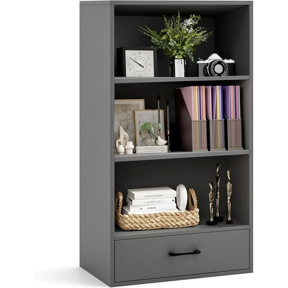 4-Tier Bookcase with Drawer, Wooden Cube Storage Organizer, Modern Display Shelf, Small Bookshelf for Small Spaces, 42.5" Tall Book Shelf for Classroom, Kid's Room, Bedroom (Grey)