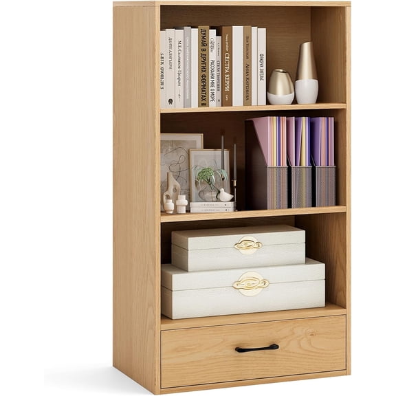 4-Tier Bookcase with Drawer, Wooden Cube Storage Organizer, Modern Display Shelf, Small Bookshelf for Small Spaces, 42.5" Tall Book Shelf for Classroom, Kid's Room, Bedroom (Natural)