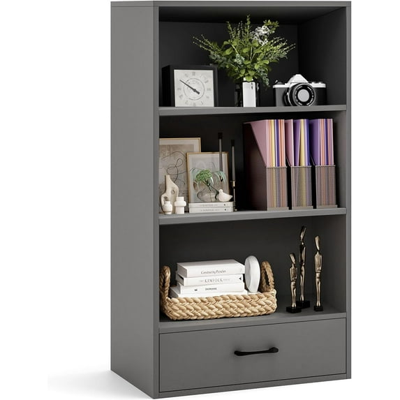 4-Tier Bookcase with Drawer, Wooden Cube Storage Organizer, Modern Display Shelf, Small Bookshelf for Small Spaces, 42.5" Tall Book Shelf for Classroom, 's Room, Bedroom (Grey)