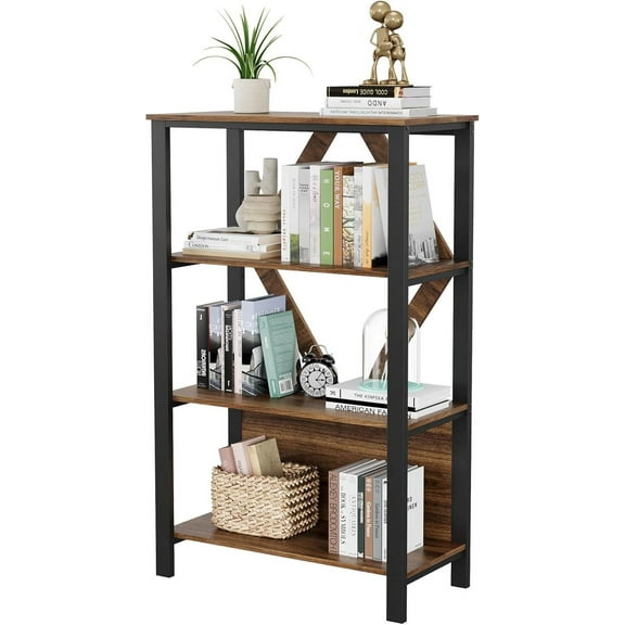 4 Tier Bookcase with Smart LED light,Modern Wood Open Display Shelves for Bedroom Home Office Kitchen Living,Brown