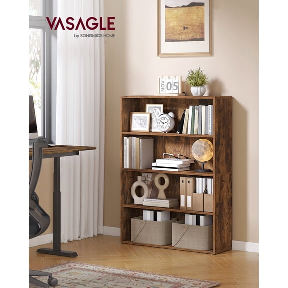 4-Tier Bookshelf, 42.5" Tall Bookcase with Adjustable Shelves & Anti-Tip Kit, Open Storage Shelf for Living Room Home Office, Rustic Brown