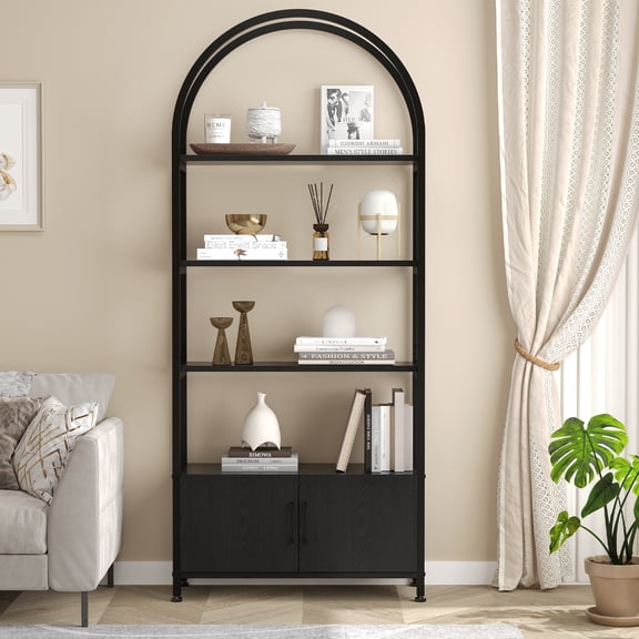 4 Tier Bookshelf, Arched Bookcase with Cabinet, 71.5" Tall Industrial Book Shelf with Metal Frame, Freestanding Display Shelving Bookshelf