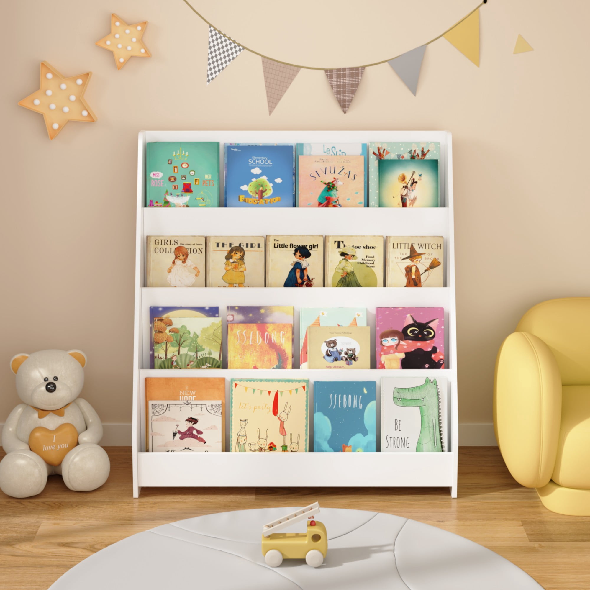 4-Tier Bookshelf,Book Display Shelves,Toy Storage Organizer for Kids Room Playroom Nursery,White 01