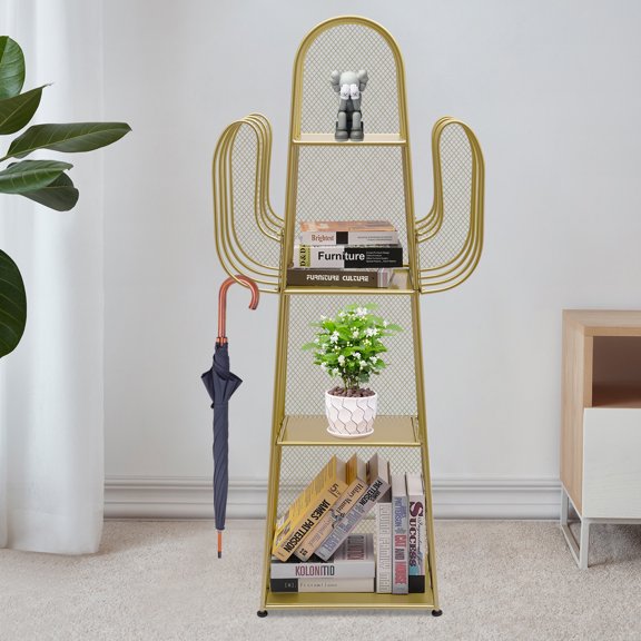 4-Tier Bookshelf Freestanding Cactus Bookcase Storage Organizer Corner Book Shelf Gold