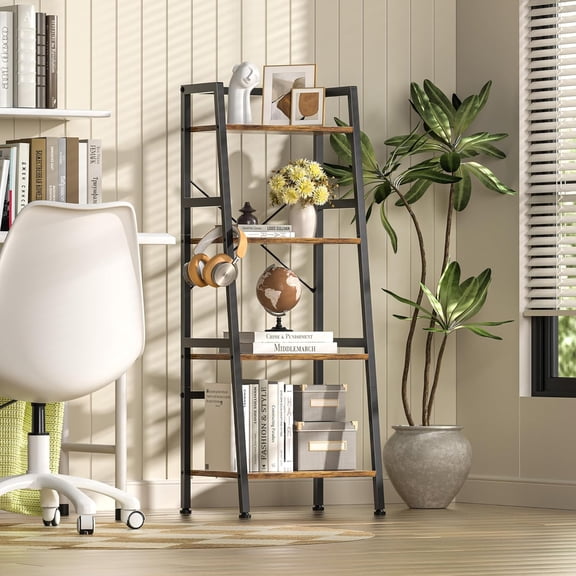 4-Tier Bookshelf, Ladder Shelf, Stand Up Shelves, Industrial Bookcase with Steel Frame, Metal Small Bookcase, for Living Room, Home Office, Kitchen, Bedroom, Industrial Style (Rustic Brown & Black)