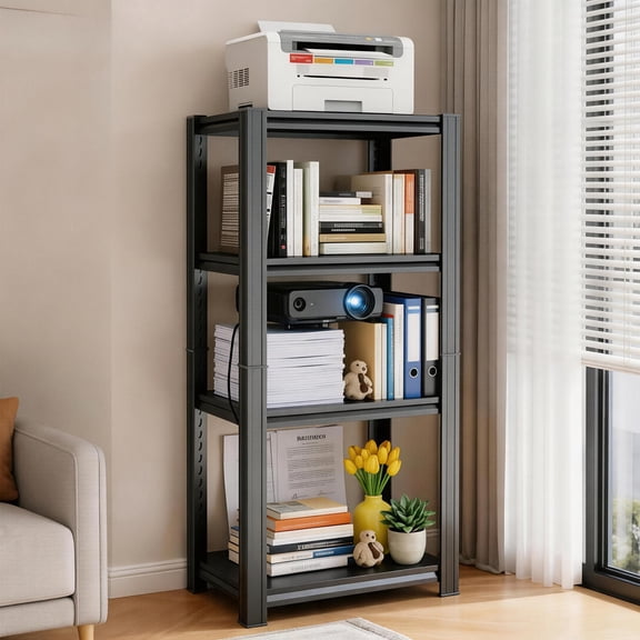 4-Tier Bookshelf Metal Book Shelf Adjustable Printer Stand, 16"W x 12"D x44"H Open Storage Shelves, Heavy Duty Industrial Storage Rack Utility Shelving Unit for Office Home, Easy Assembly, Black