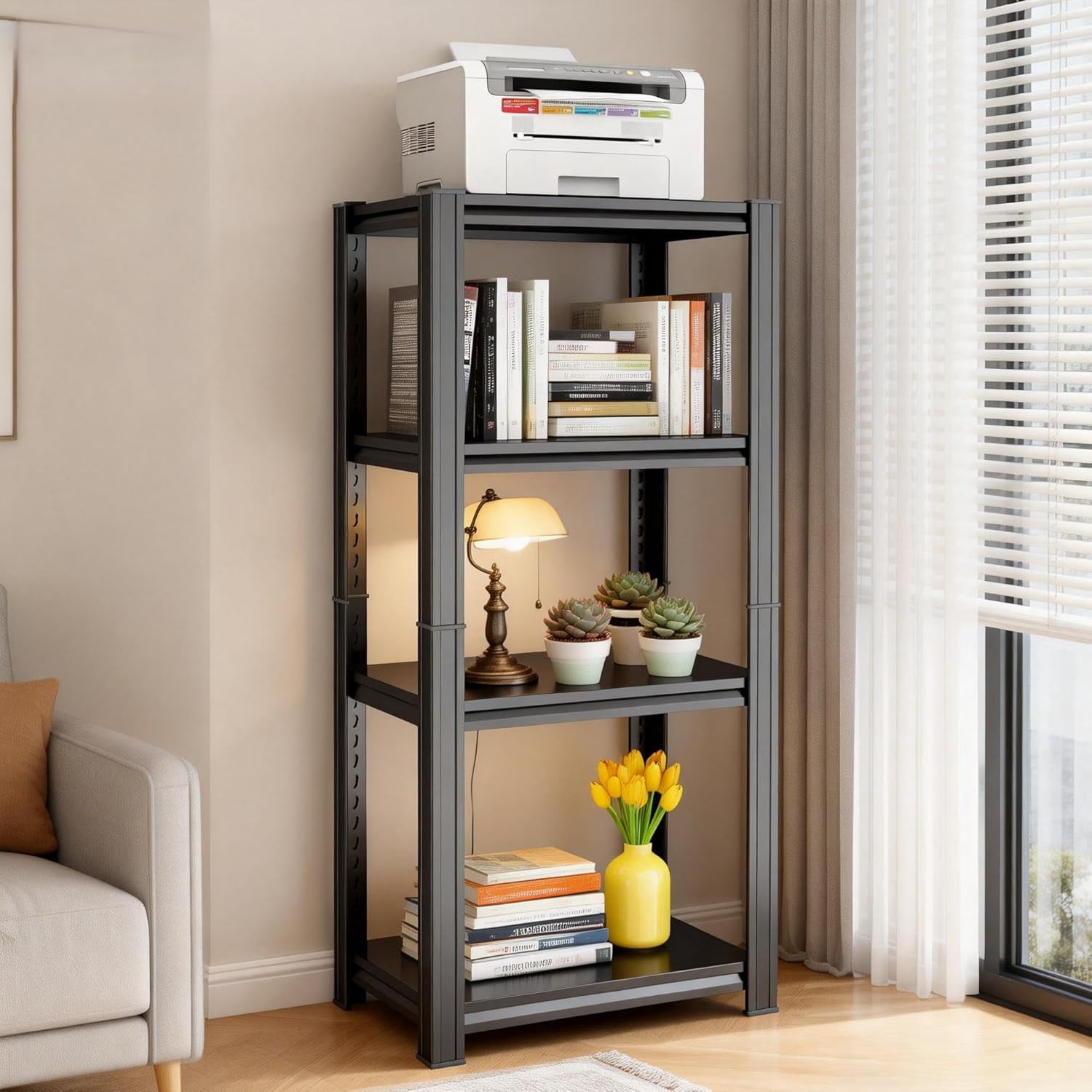 4-Tier Bookshelf, Modern Metal Book Shelf, 1200LBS Industrial Tall