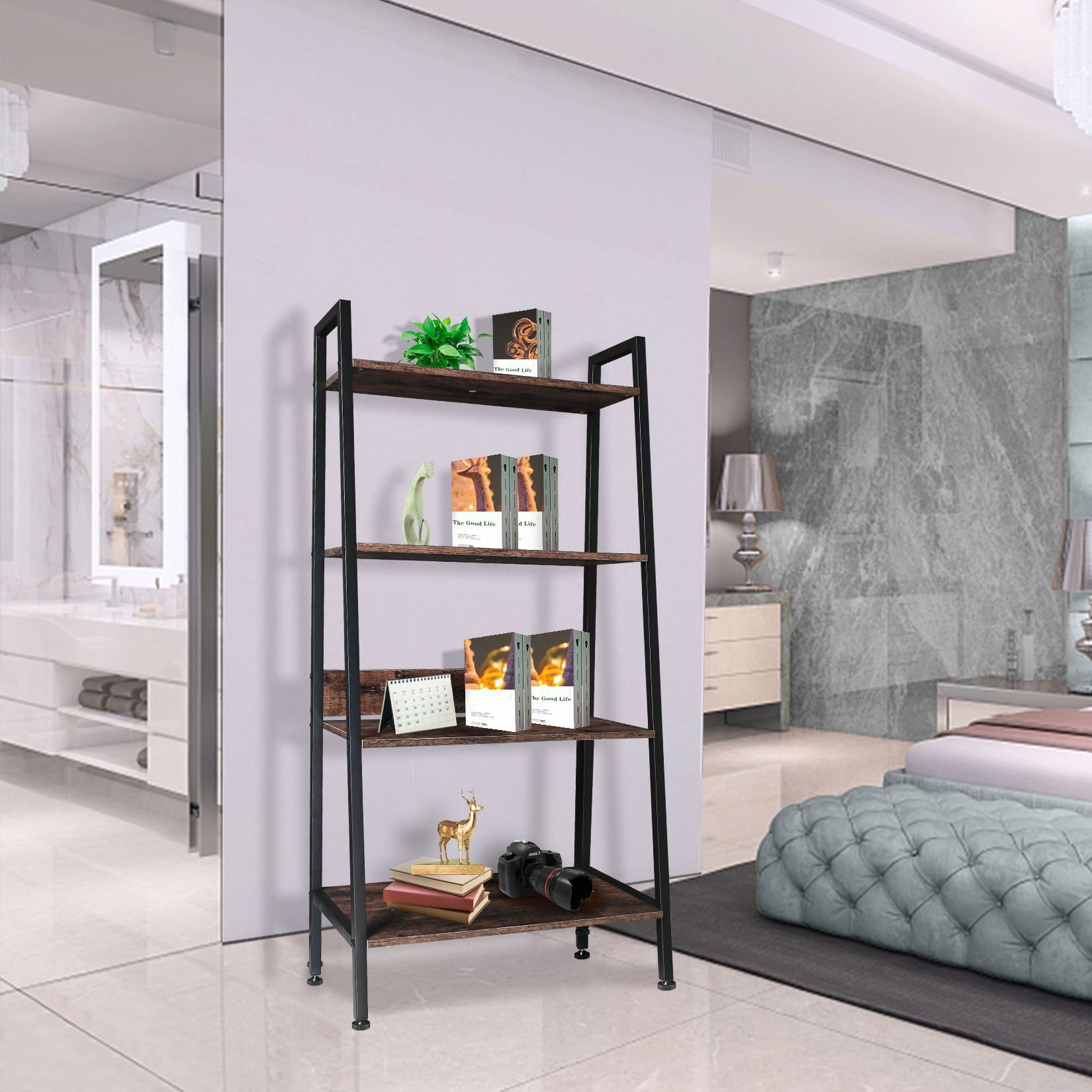 Picture of 4 Tier Bookshelf, Open Ladder Bookcase with Wood Shelves and Metal ...
