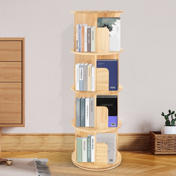 4 Tier Bookshelf Rotating Wood Storage Bookcase 360 Display Floor Stand Cylinder